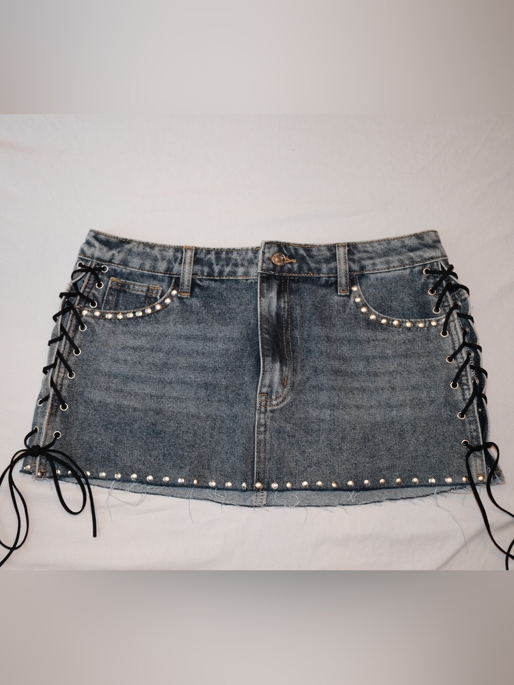 Edikted Blue Denim Mini Skirt with Lace-Up Sides